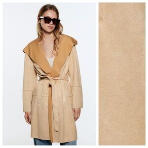 NWT. Zara Beige Faux Suede Overshirt/Hooded Jacket. Size XL.